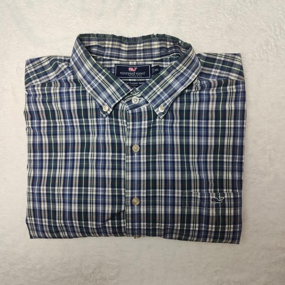 Vineyard Vines Shirt Mens 2XL Blue Green Plaid Slim Fit Tucker Cotton Casual
